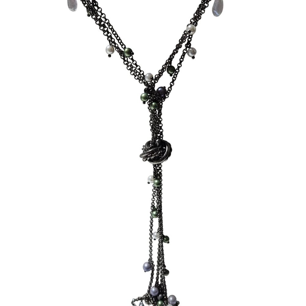Handcrafted Black Chain Multi Strand Lariat Necklace Green Faux Pearl Beads